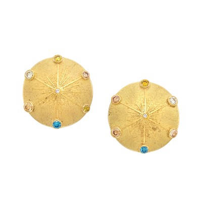 Lot 326 - Pair of Gold, Diamond and Colored Diamond Sun Disc Earclips, Zobel