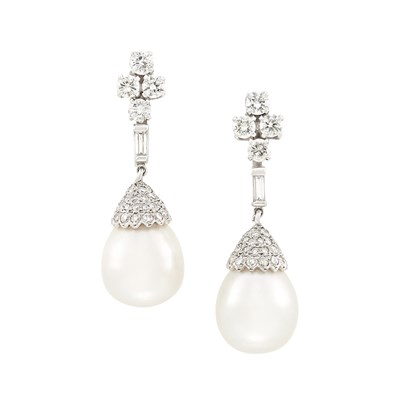 Lot 209 - Pair of White Gold, South Sea Cultured Pearl and Diamond Pendant-Earrings