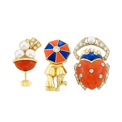 Lot 238 - Two, Gold, Coral, Lapis, Cultured Pearl and Diamond Pins, Van Cleef & Arpels, France, and Ladybug Pin