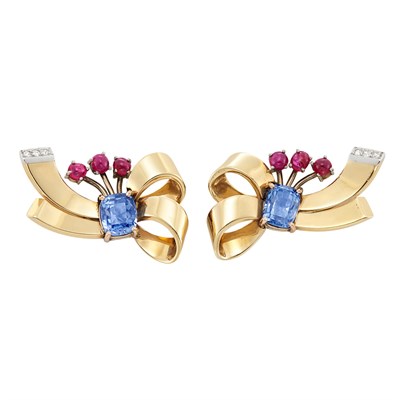 Lot 343 - Pair of Retro Gold, Platinum, Sapphire, Ruby and Diamond Bow Earclips