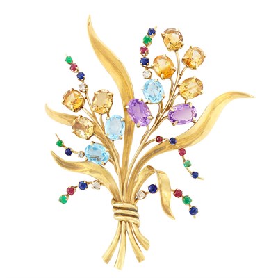 Lot 347 - Gold, Gem-Set and Diamond Flower Bouquet Brooch