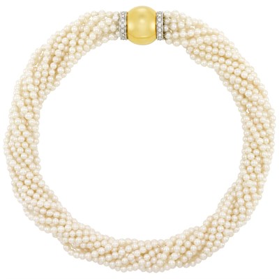 Lot 278 - Eleven Strand Cultured Pearl Torsade Necklace with Two-Color Gold and Diamond Clasp