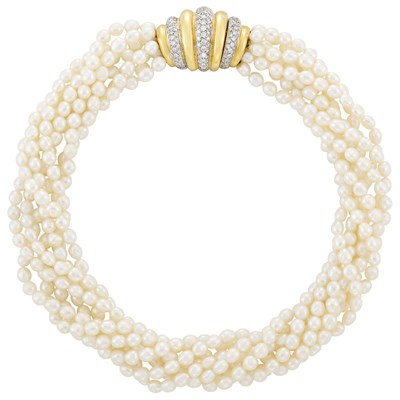 Lot 329 - Seven Strand Freshwater Pearl Torsade Necklace with Two-Color Gold and Diamond Clasp