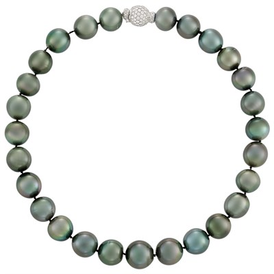 Lot 269 - Tahitian Black Cultured Pearl Necklace with White Gold and Diamond Ball Clasp