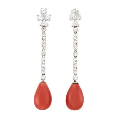 Lot 254 - Pair of Platinum, White Gold, Coral and Diamond Pendant-Earrings