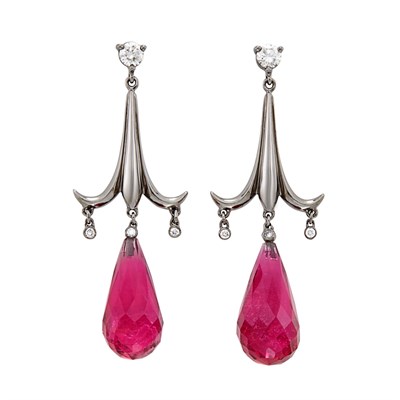 Lot 285 - Pair of Blackened Gold, Diamond and Rubellite Briolette Pendant-Earrings