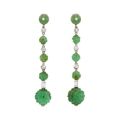 Lot 332 - Pair of Platinum, Carved Jade and Diamond Pendant-Earrings
