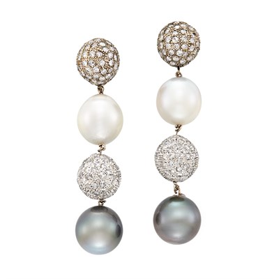 Lot 468 - Pair of White and Blackened Gold, Diamond, South Sea Cultured Pearl and Tahitian Gray Cultured Pearl Pendant-Earrings