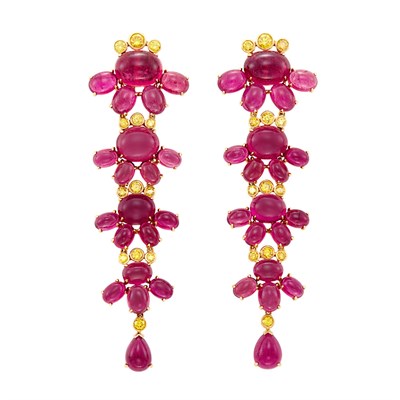 Lot 165 - Pair of Gold, Cabochon Rubellite and Yellow Diamond Pendant-Earclips