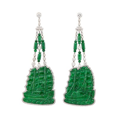 Lot 322 - Pair of White Gold, Diamond and Carved Jade Pendant-Earrings, Fred Leighton
