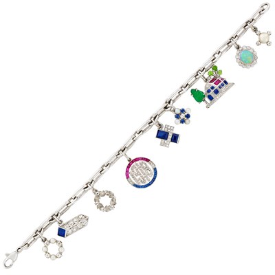 Lot 441 - Platinum, Diamond, Gem-Set and Pearl Charm Bracelet