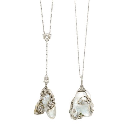 Lot 437 - Two Edwardian Baroque Pearl, Platinum and Diamond Pendants with Platinum and White Gold Chains