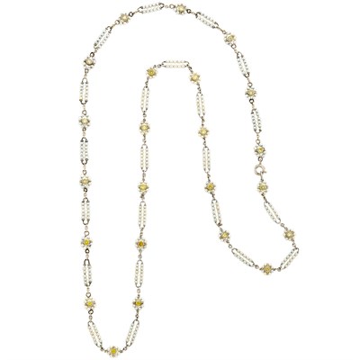 Lot 439 - Edwardian Platinum, Seed Pearl and Colored Diamond Necklace