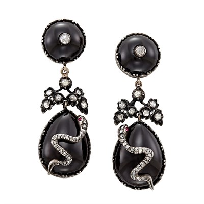 Lot 72 - Pair of Antique Silver, Gold, Cabochon Garnet and Diamond Pendant-Earrings