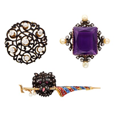 Lot 144 - Antique Gold, Black Enamel and Diamond Pin, T.B. Starr, and Two Silver, Gold, Amethyst, Diamond, Pearl and Enamel Pins