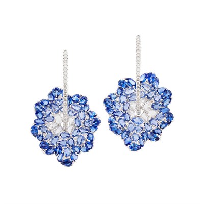 Lot 186 - Pair of White Gold, Multicolored Sapphire and Diamond Flower Earrings