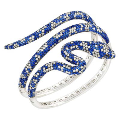 Lot 433 - Two-Color Gold, Sapphire and Diamond Snake Bangle Bracelet
