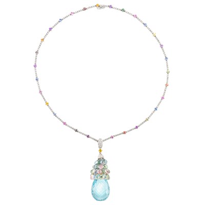 Lot 152 - White Gold, Multicolored Sapphire, Multicolored Sapphire and Aquamarine Briolette and Diamond Pendant-Necklace