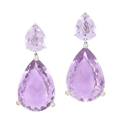 Lot 160 - Pair of White Gold, Amethyst and Diamond Pendant-Earrings