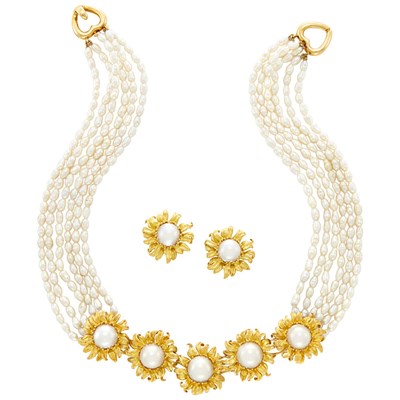 Lot 603 - Six Strand Freshwater Pearl, Gold and Mabe Pearl Necklace and Pair of Earclips, Tiffany & Co.