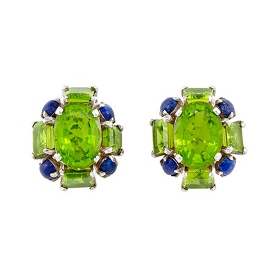 Lot 462 - Pair of White Gold, Peridot and Lapis Earclips