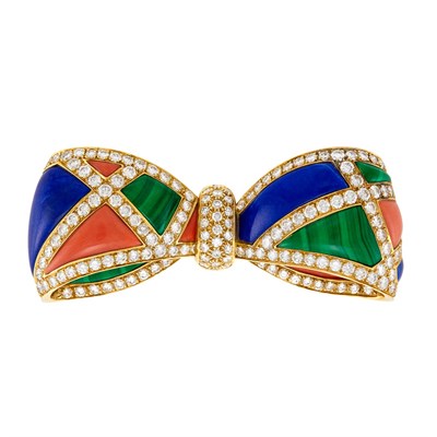 Lot 347 - Gold, Hardstone and Diamond Bow Clip-Brooch, Van Cleef & Arpels, France