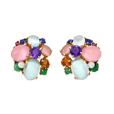 Lot 391 - Pair of Gold, Colored Stone and Cultured Pearl Cluster Earclips