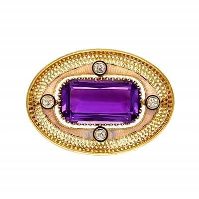 Lot 426 - Antique Gold, Amethyst, Enamel and Diamond Brooch