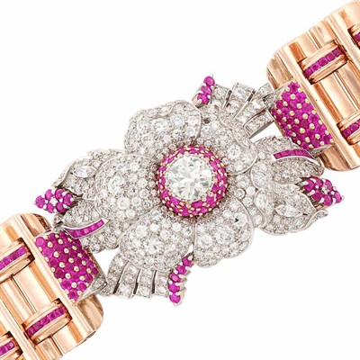 Lot 194 - Rose Gold, Platinum, Diamond and Ruby Cuff Bracelet