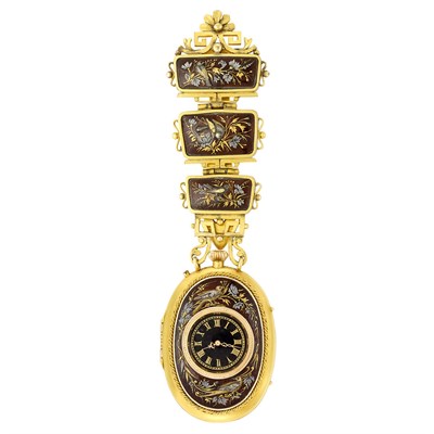 Lot 61 - Antique Gold, Silver-Gilt, Enamel and Shakudo Chatelaine Belt Clip-Watch