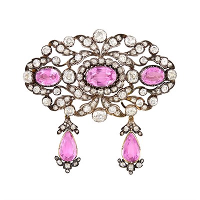 Lot 101 - Silver, Gold, Pink Topaz and Diamond Pendant-Brooch