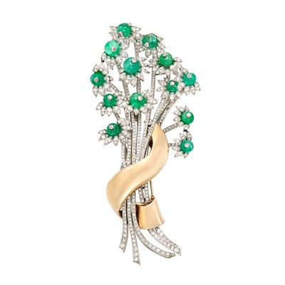 Lot 577 - Platinum, Gold, Emerald Bead and Diamond Clip-Brooch