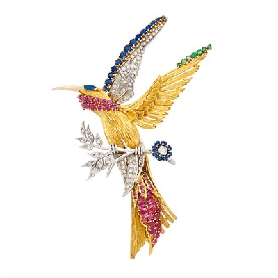 Lot 540 - Two-Color Gold, Gem-Set and Diamond Bird Clip-Brooch