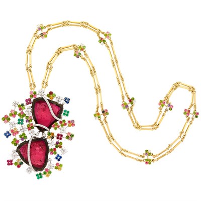 Lot 259 - Two-Color Gold, Sliced Watermelon Tourmaline, Multicolored Stone and Diamond Pendant-Necklace
