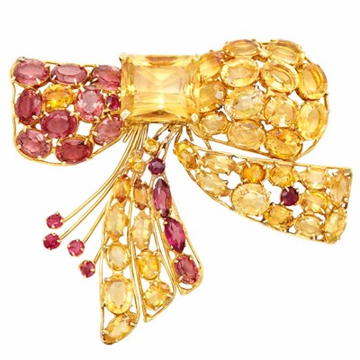 Lot 537 - Large Gold, Citrine and Pink Tourmaline Bow Brooch
