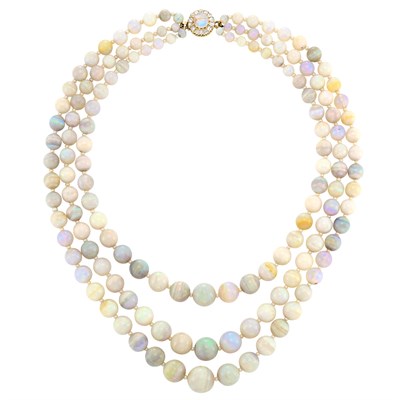 Lot 241 - Triple Strand Opal Bead and Seed Pearl Necklace with Gold, Opal and Diamond Clasp