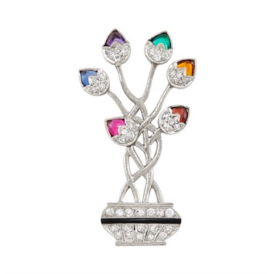 Lot 444 - Platinum, Diamond, Cabochon Gem-Set and Black Enamel Bouquet Pin