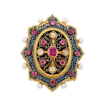 Lot 424 - Antique Gold, Enamel, Pink Sapphire, Diamond and Pearl Pendant-Brooch