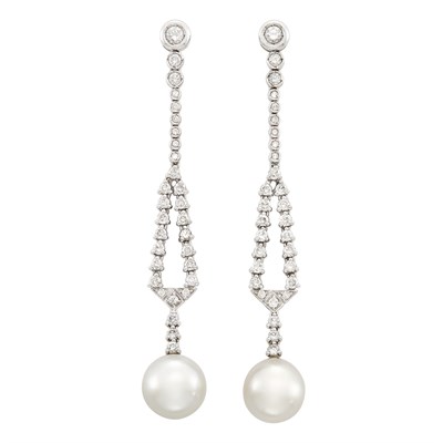 Lot 194 - Pair of White Gold, South Sea Cultured Pearl and Diamond Pendant-Earrings