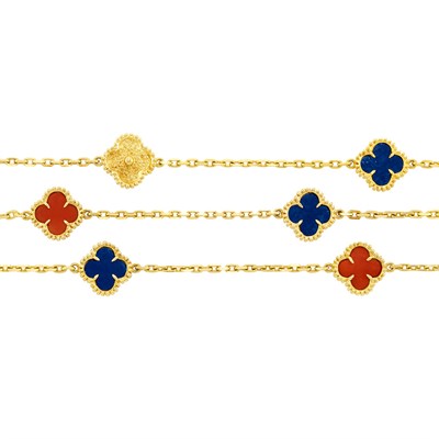 Lot 241 - Long Gold, Lapis and Coral Chain Necklace