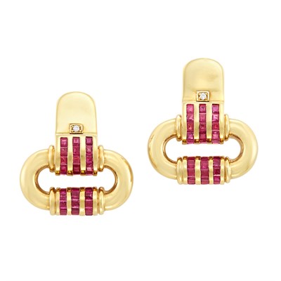 Lot 344 - Pair of Gold and Ruby Earrings