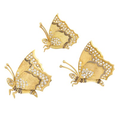 Lot 440 - Three Two-Color Gold and Diamond Butterfly Pins