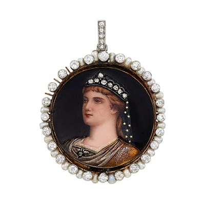 Lot 5 - Antique Platinum-Topped Gold, Portrait Miniature, Diamond and Pearl Pendant