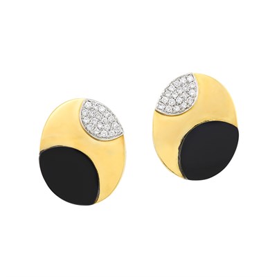 Lot 247 - Pair of Two-Color Gold, Black Onyx and Diamond Earrings