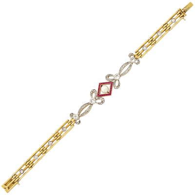 Lot 36 - Antique Gold, Platinum, Diamond, Ruby and Pearl Bracelet
