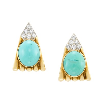 Lot 168 - Pair of Gold, Platinum, Turquoise and Diamond Earclips, Emis