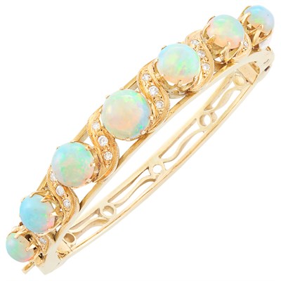 Lot 144 - Gold, Opal and Diamond Bangle Bracelet