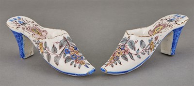 Lot 299 - Pair of Dutch Delft Polychrome Shoes 18th...