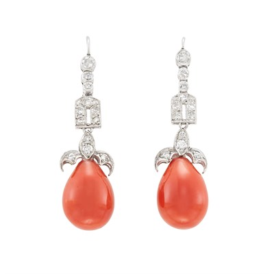 Lot 267 - Pair of White Gold, Diamond and Coral Pendant-Earrings