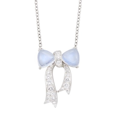Lot 303 - Platinum, Moonstone and Diamond Bow Pendant-Necklace, Tiffany & Co.